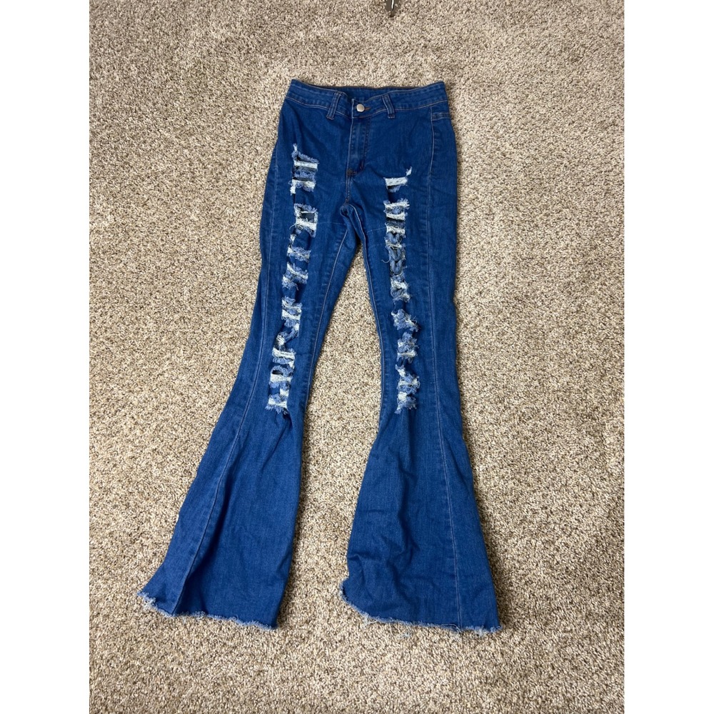 H&Y Fashion Distressed Flare Jeans Medium Wash High Waisted Bell Bottoms Size M